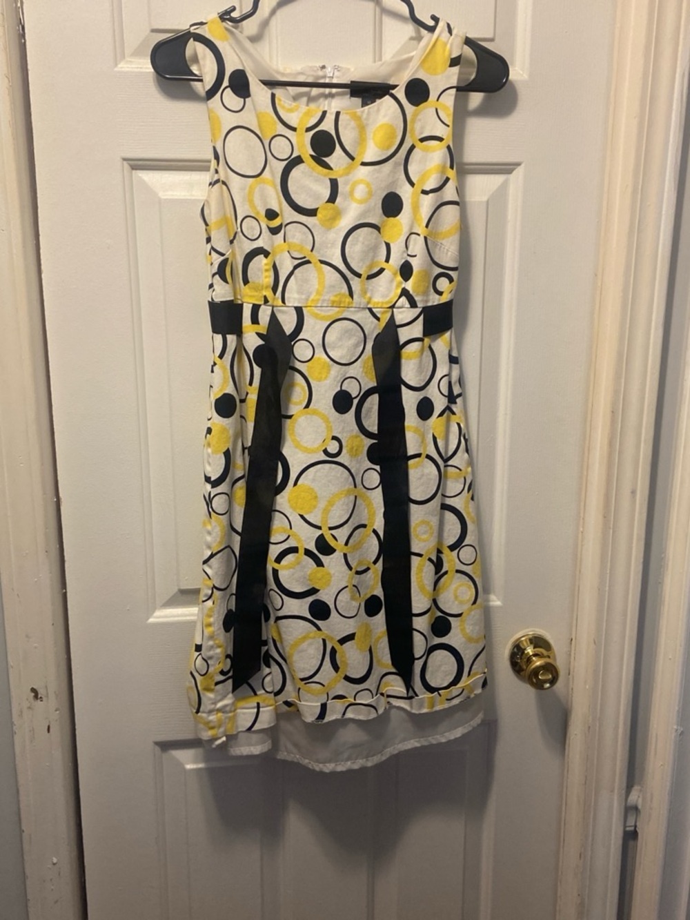 Kim Rogers White Dress with Yellow and Black Circle Print and Black Waist Ties